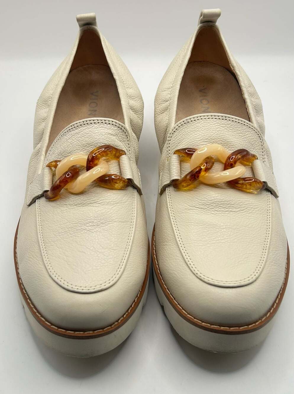 Vionic Cream Leather Chain Link Lug Sole Loafers